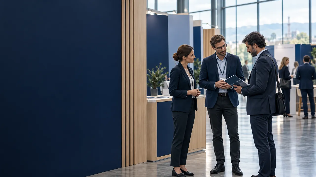 Company representatives talking with a visitor at an exhibition stand in Sofia