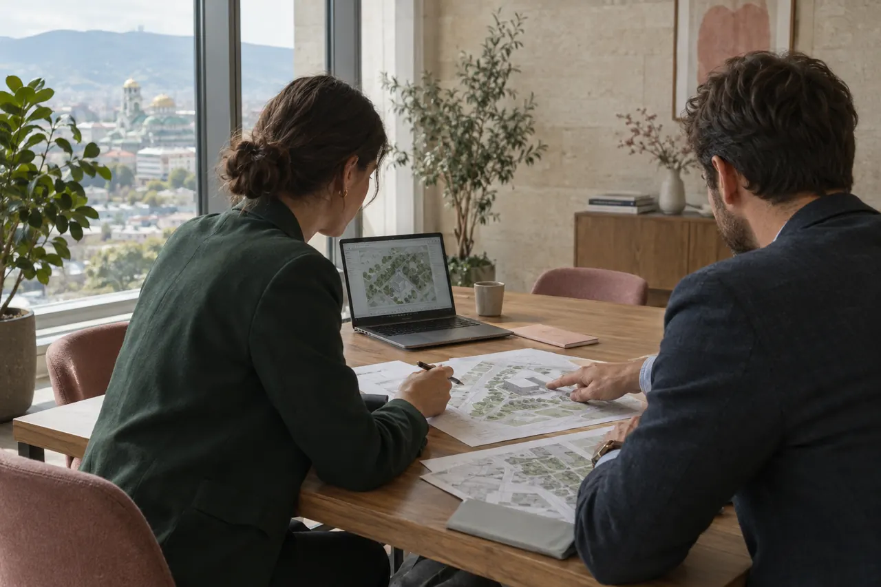 Two advisers reviewing plans at a table in a bright Sofia office