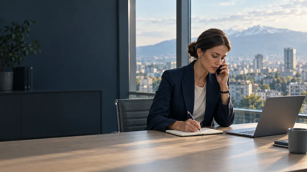 A woman on a phone call taking notes in a Sofia office overlooking Vitosha
