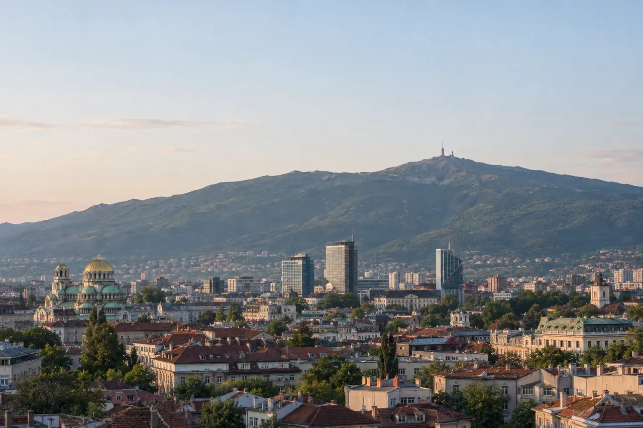 Sofia rooftops and the Alexander Nevsky Cathedral with Vitosha mountain behind