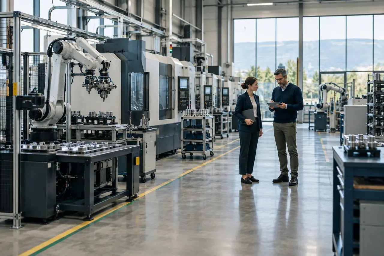 Engineers reviewing production in a modern Bulgarian manufacturing plant
