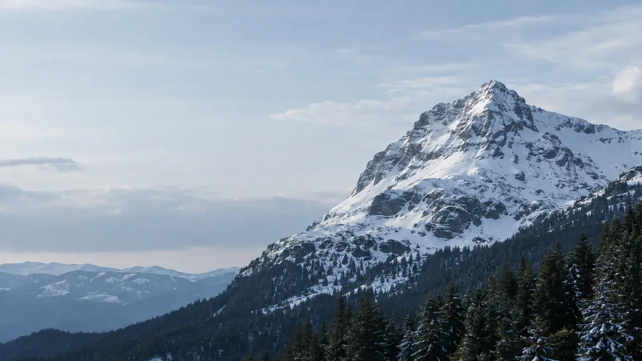 A snow-covered peak above evergreen forest in the Rila Mountains