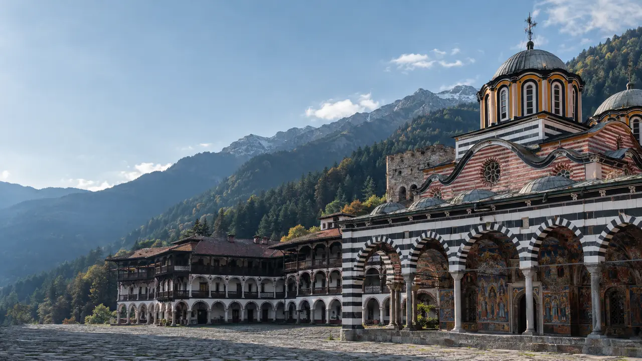 The striped arches and painted church of Rila Monastery in the Rila mountains