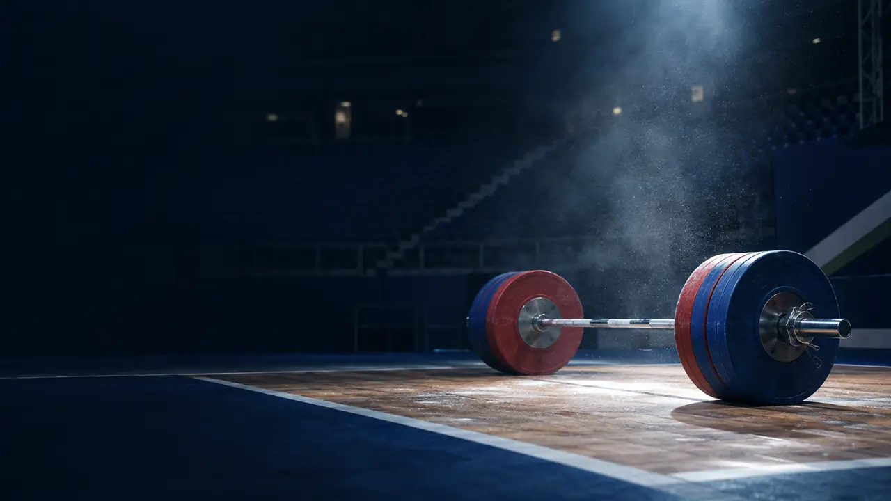 A loaded weightlifting barbell on a competition platform under a spotlight