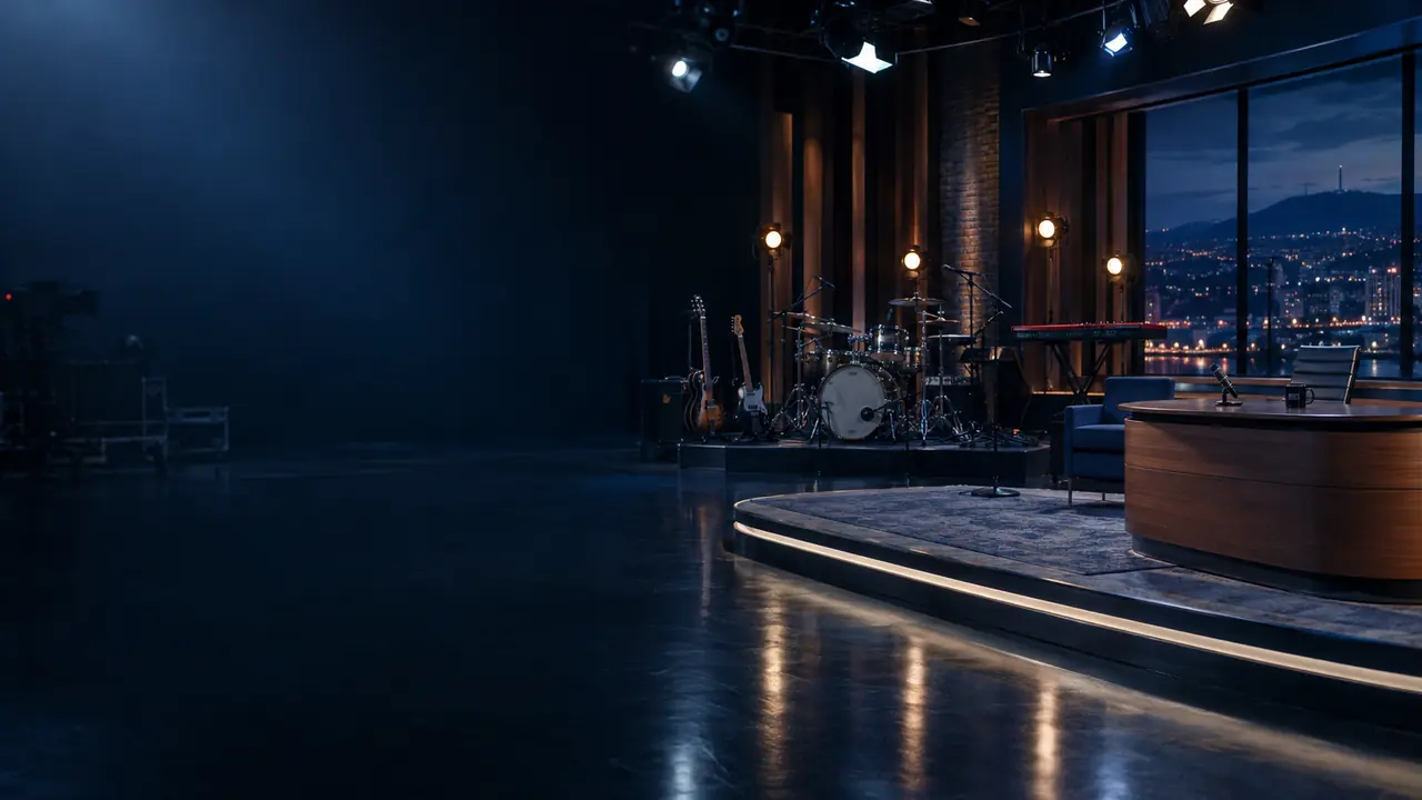 An empty late-night television studio with a band's instruments on stage