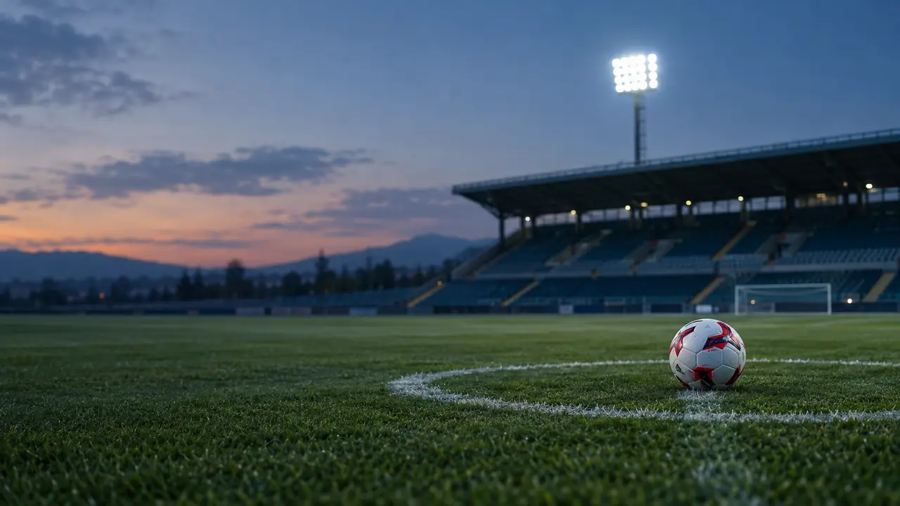 A football on the centre spot of an empty stadium at dusk