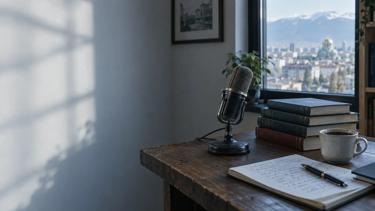A writer's desk with a microphone, books and notes in a Sofia flat