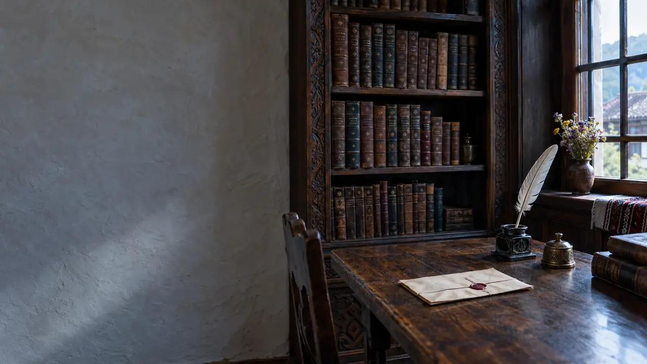 Old leather-bound books, an inkwell and a sealed letter in a Revival-era house museum