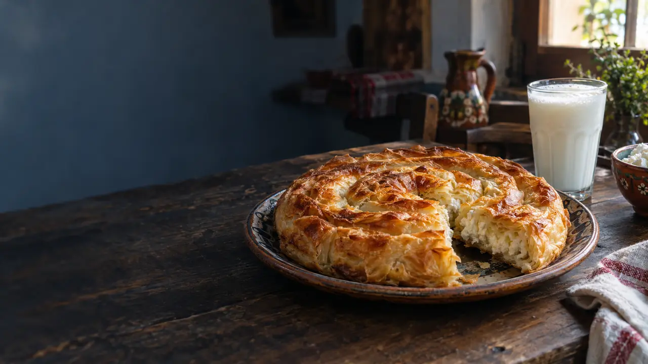 A round, flaky banitsa with white cheese on a ceramic plate, with a glass of ayran, in a village kitchen