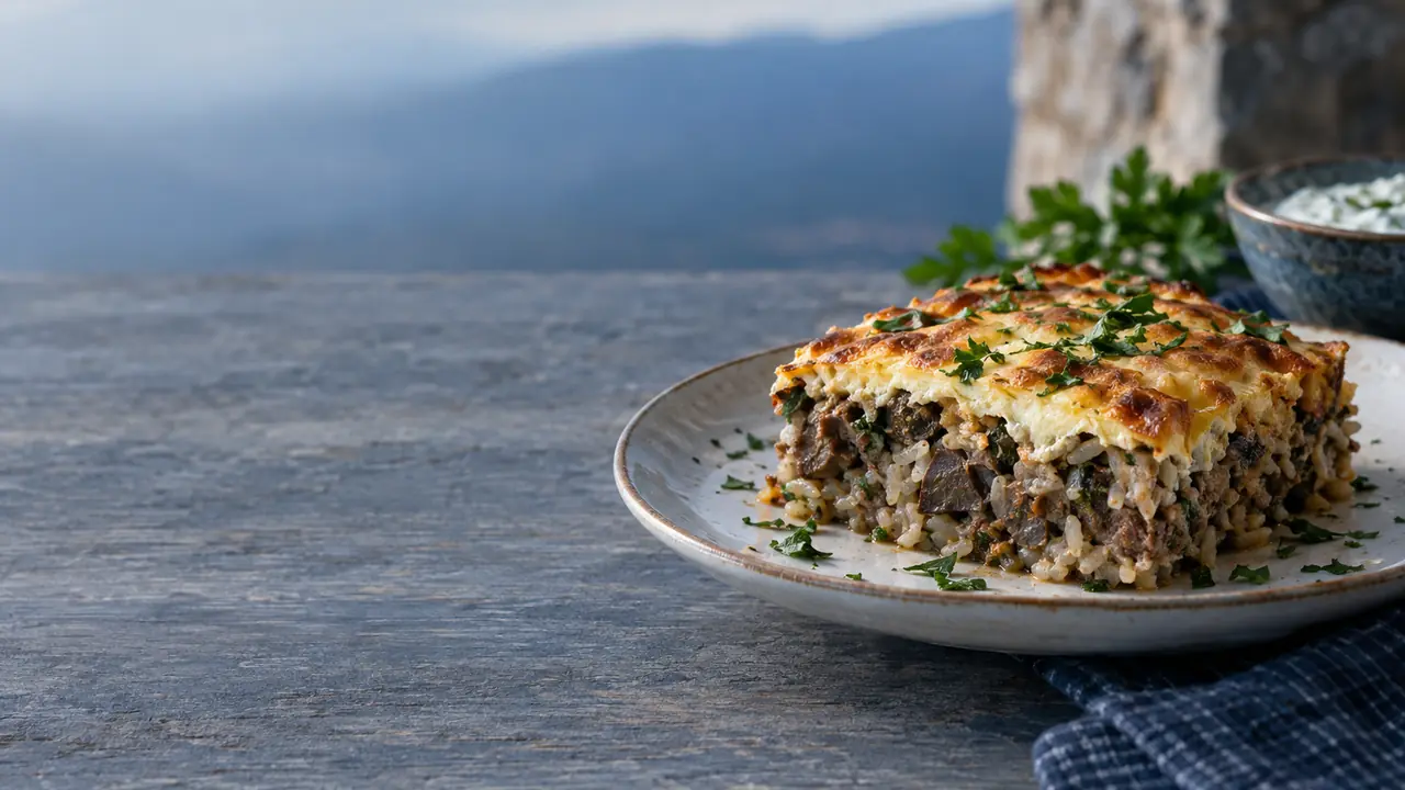 Bulgarian drob sarma with lamb offal, rice, herbs and browned topping