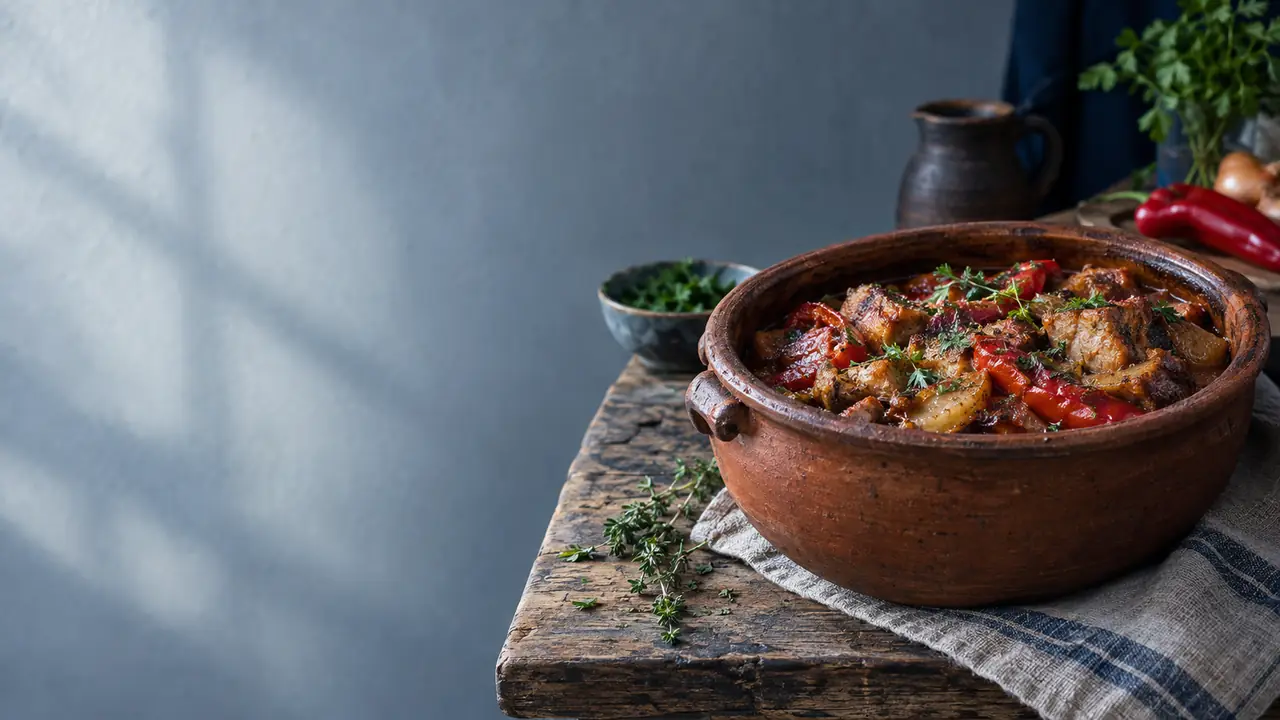 Bulgarian pork kavarma with peppers, onions and herbs in a clay pot
