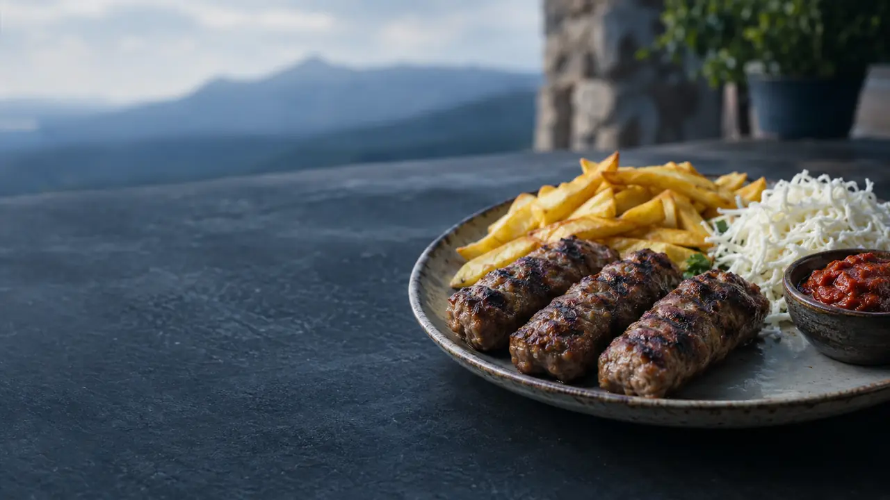 Grilled kebapche served with chips, white cheese and lyutenitsa
