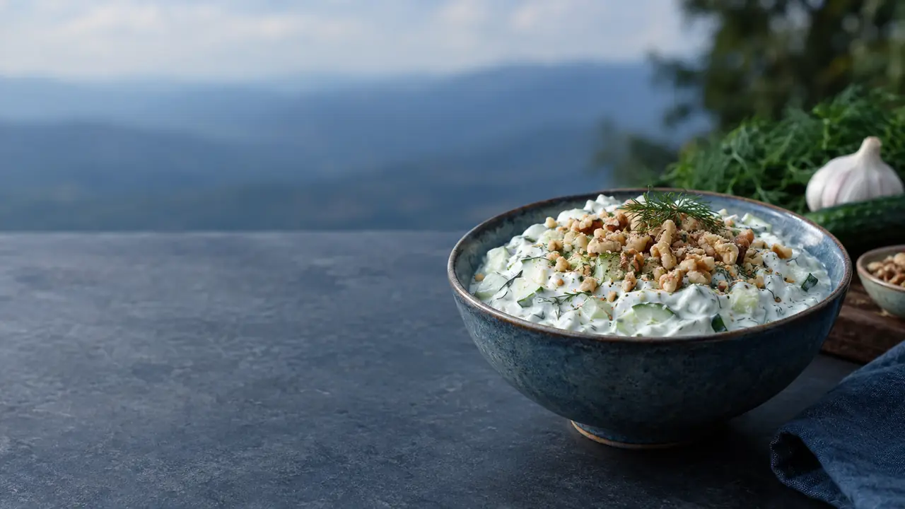Snezhanka salad made with strained yoghurt, cucumber, garlic, dill and walnuts