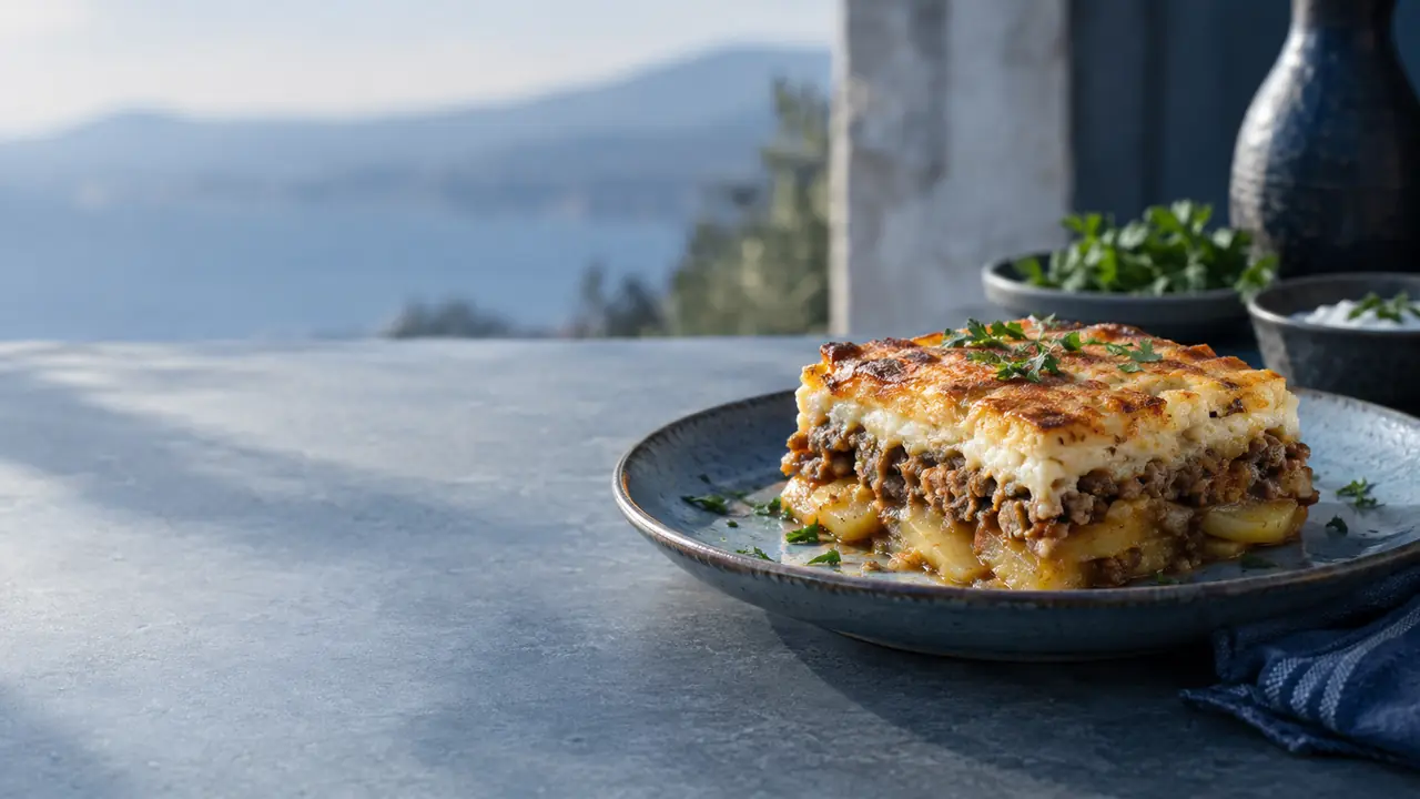 Slice of Bulgarian potato and minced-meat moussaka with a golden topping