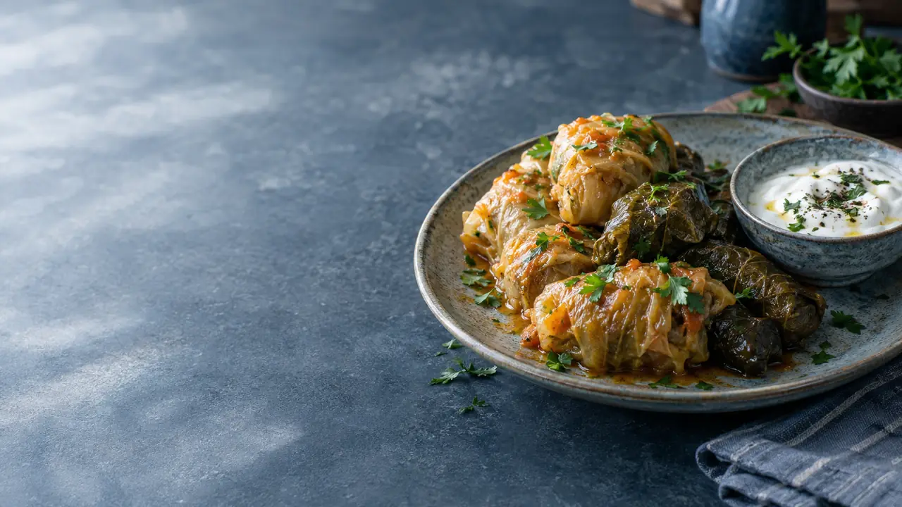 Cabbage-leaf and vine-leaf sarmi filled with rice and minced meat