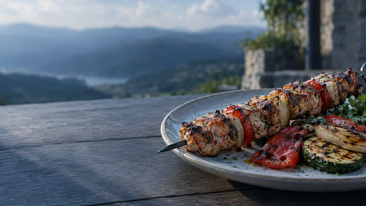 Pork shishche grilled on a skewer with peppers and onion