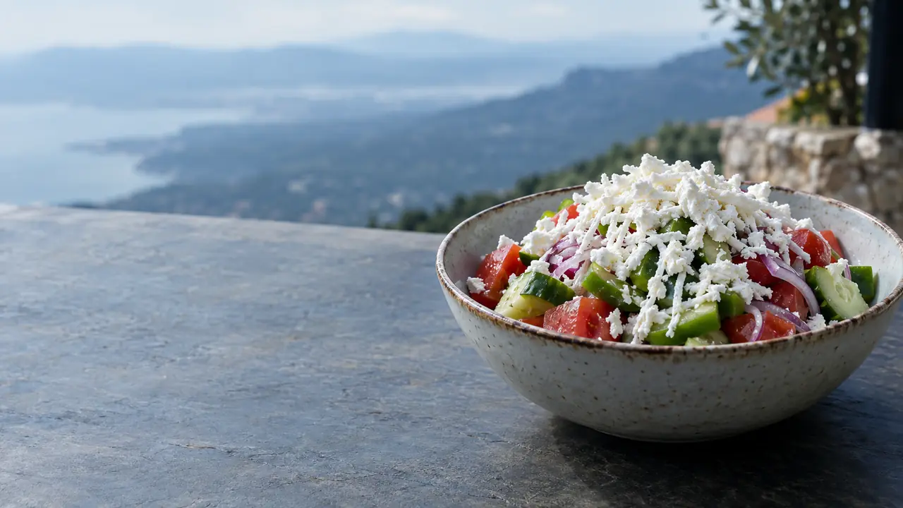 Shopska salad with tomatoes, cucumber, peppers, onion and grated sirene