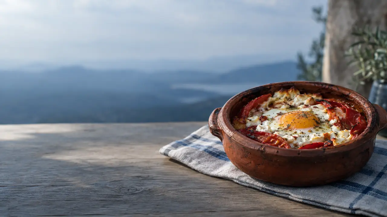 Sirene po shopski baked with tomato, pepper and egg in a clay pot