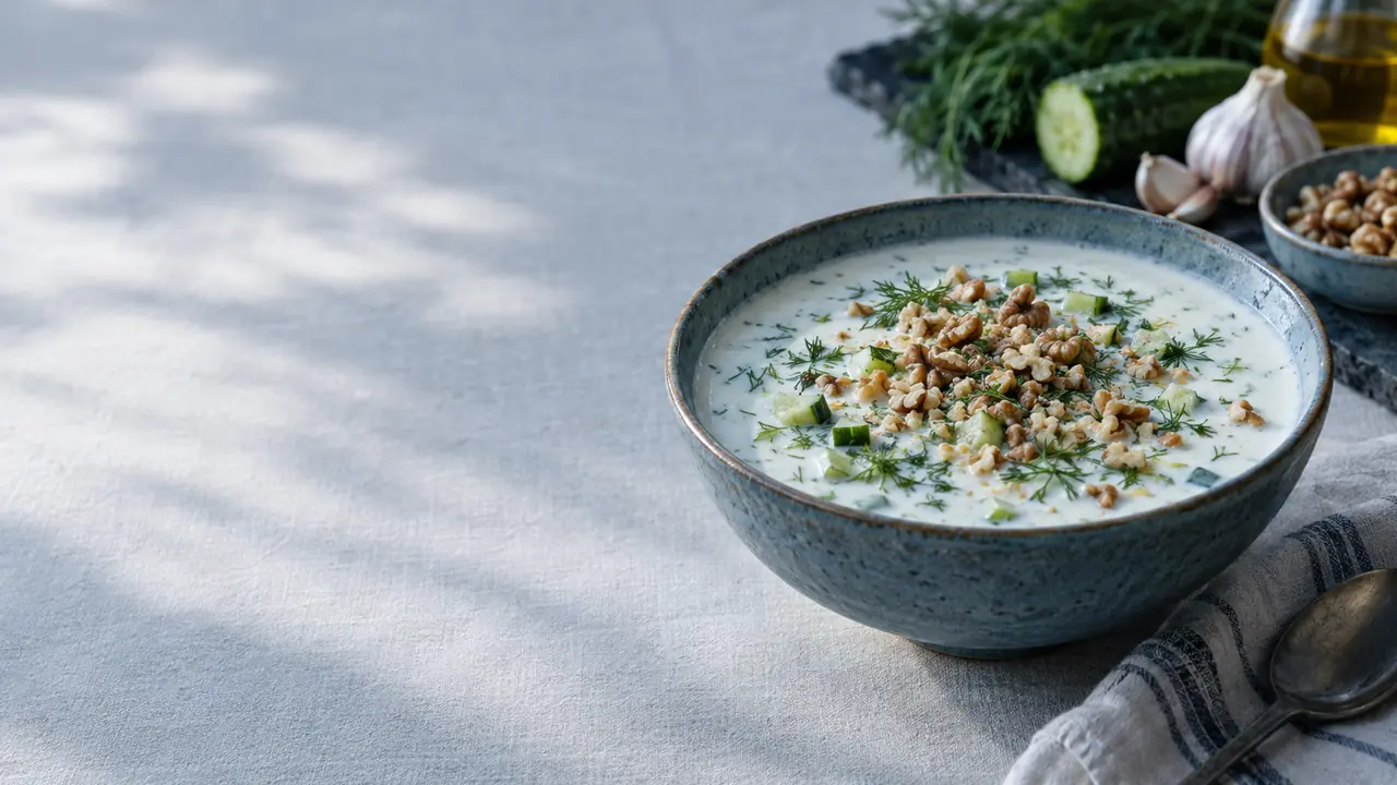Chilled Bulgarian tarator with cucumber, dill and walnuts