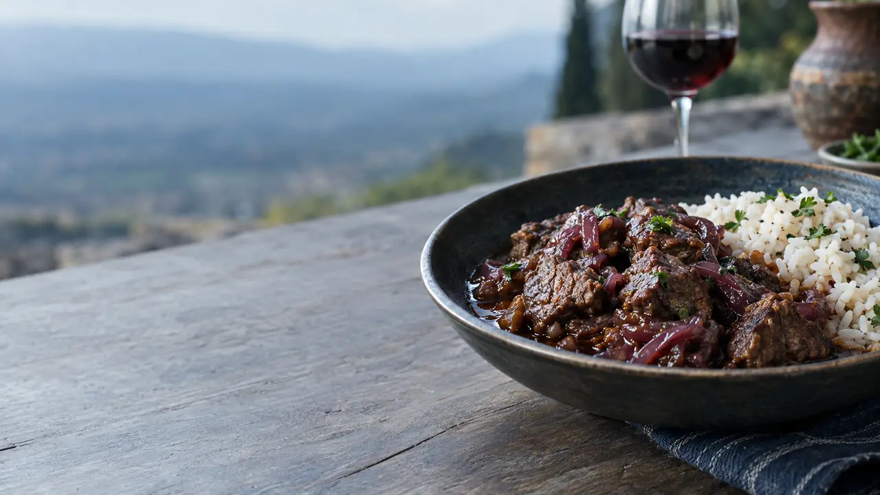 Bulgarian wine kebab with meat in wine sauce and a serving of rice