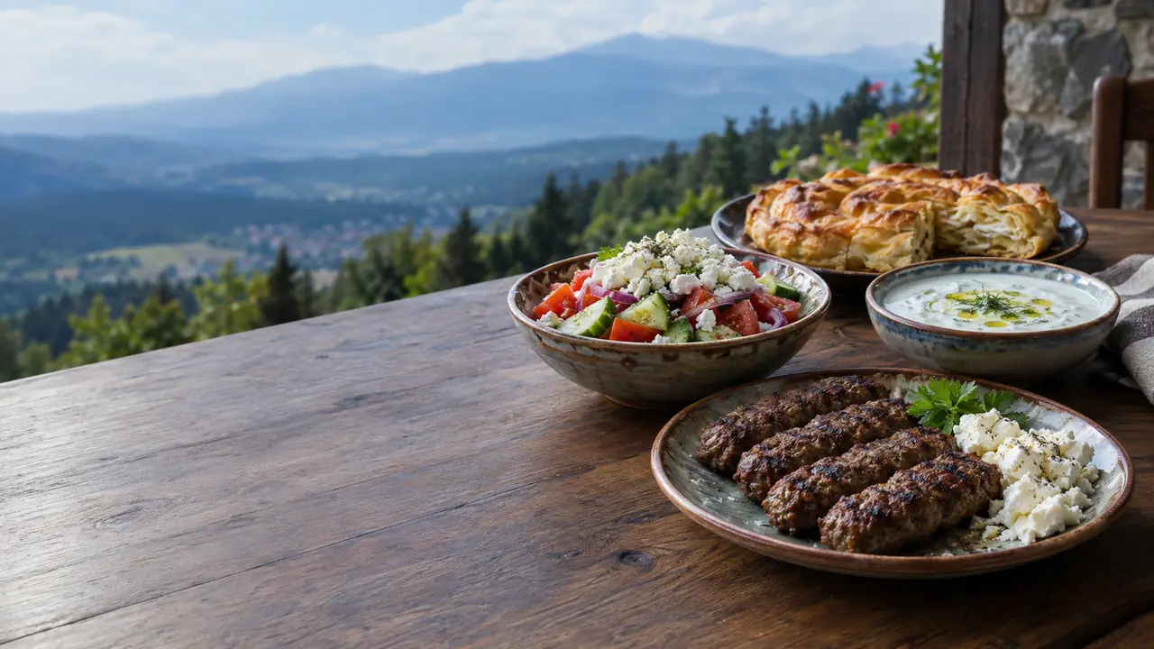 A Bulgarian meal with shopska salad, banitsa, tarator, kebapche and white cheese