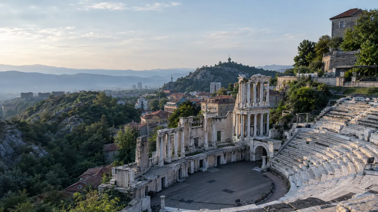 The Roman theatre and historic rooftops in Plovdiv