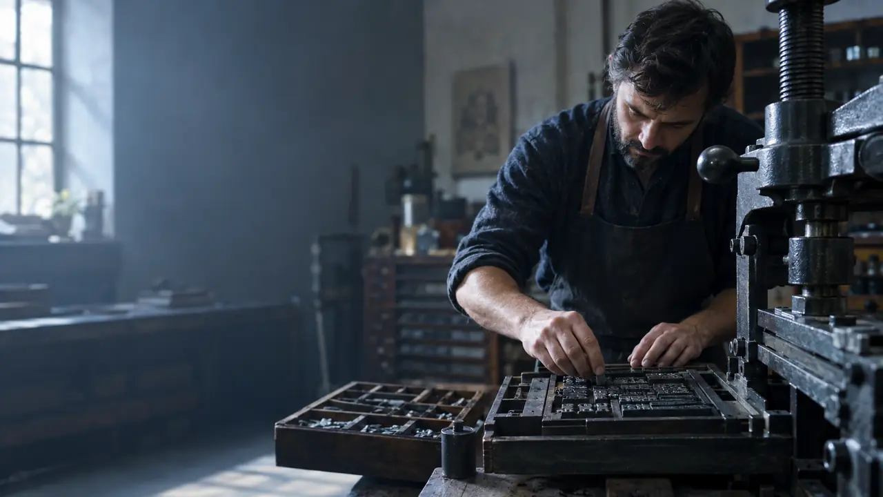 Cyrillic metal type beside a printing press in a Bulgarian workshop