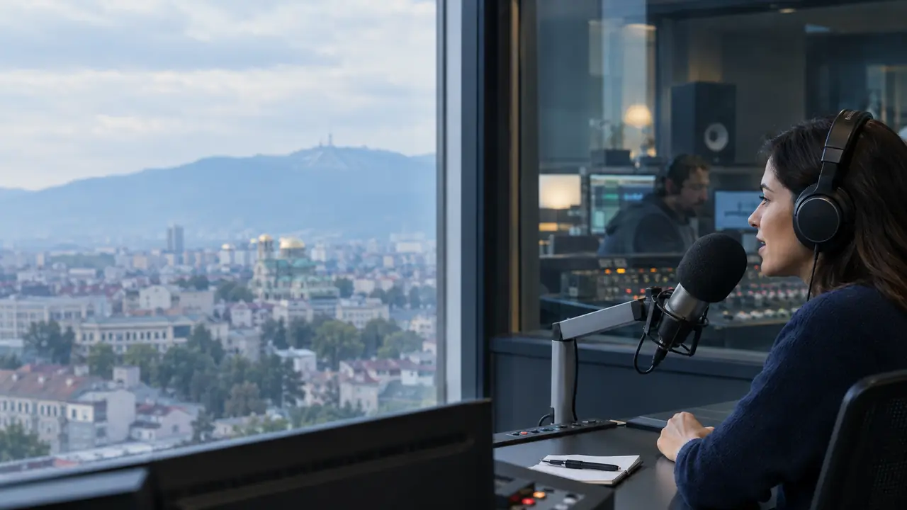 A radio presenter and sound engineer working in a Sofia studio