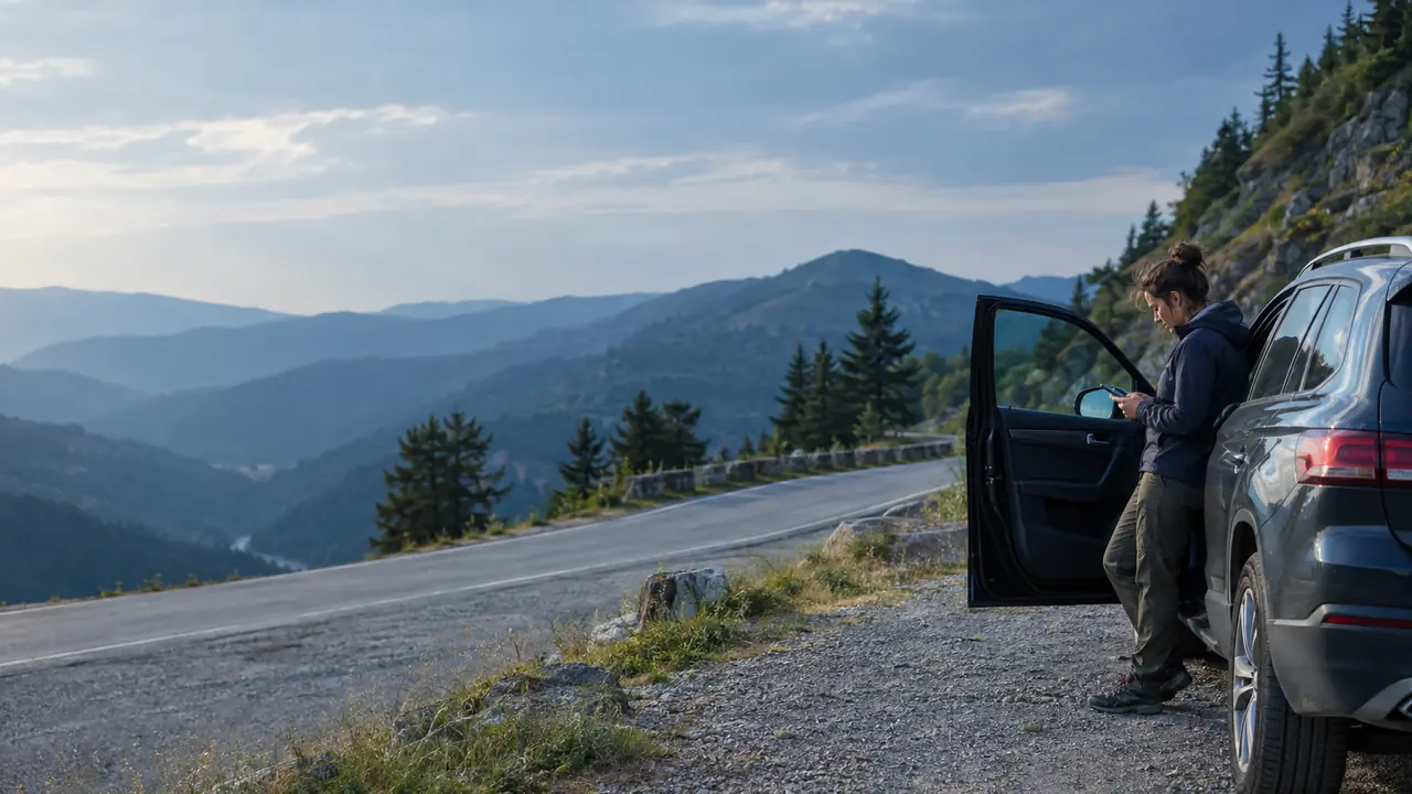 A traveler checks a phone beside a car on a Rhodope mountain road