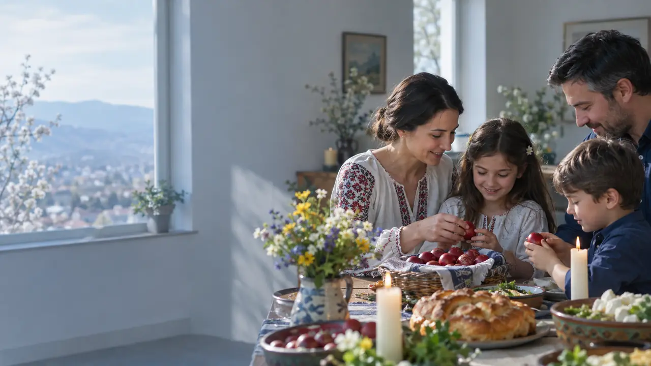 A Bulgarian family’s Easter table with red eggs and a candle