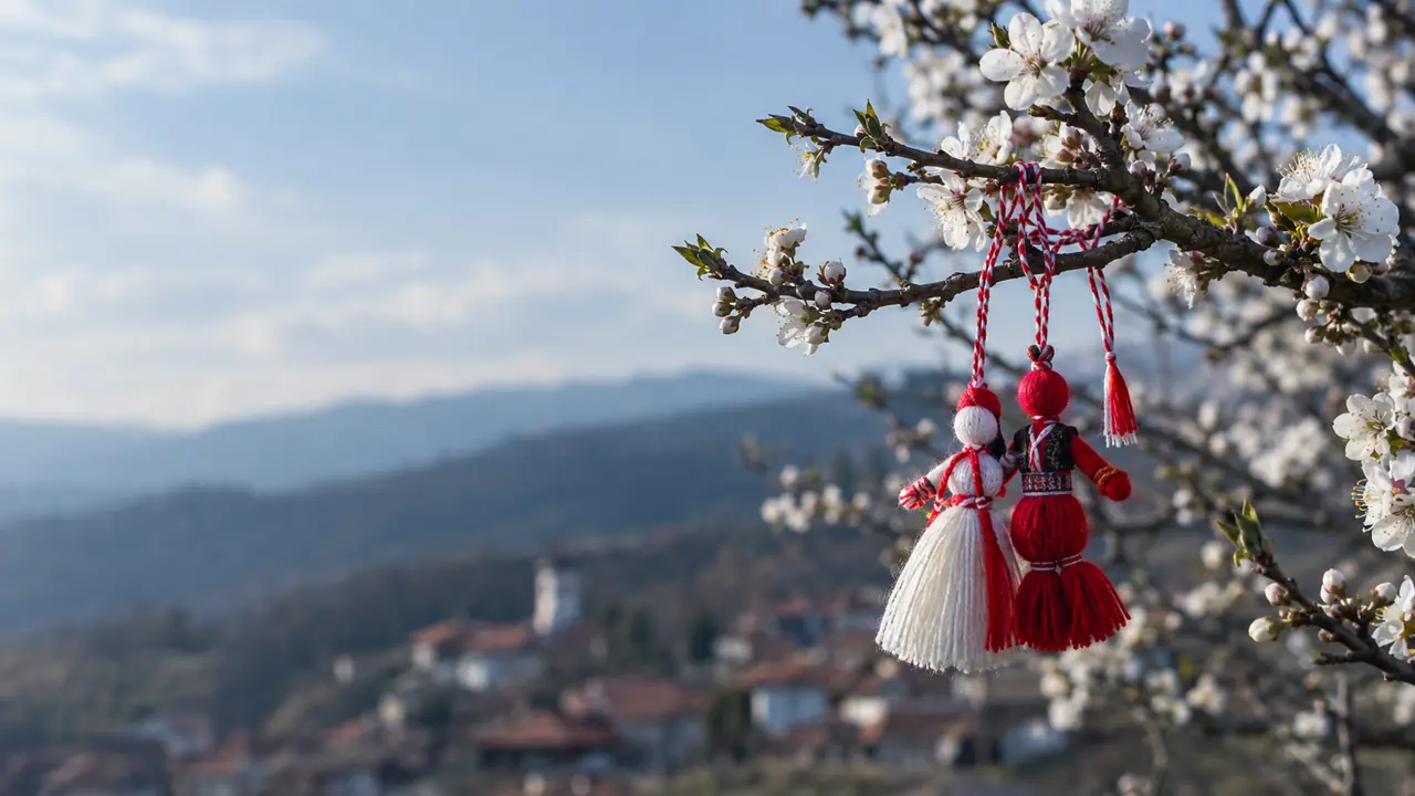 Red and white martenitsas and Pizho and Penda dolls tied to a blossoming branch in early March