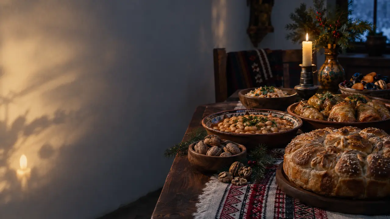 A Bulgarian Christmas Eve table with meatless dishes and ritual bread