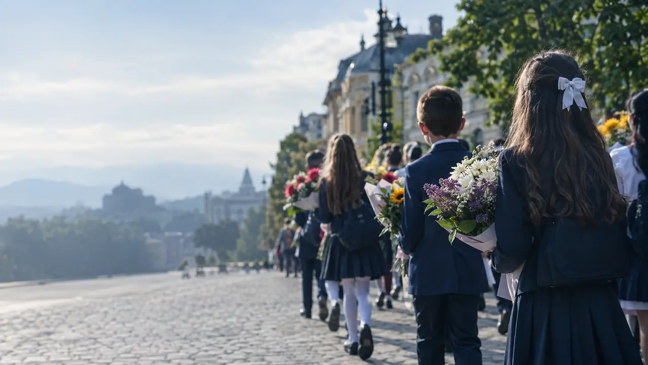 Schoolchildren carrying flowers in a Bulgarian 24 May procession