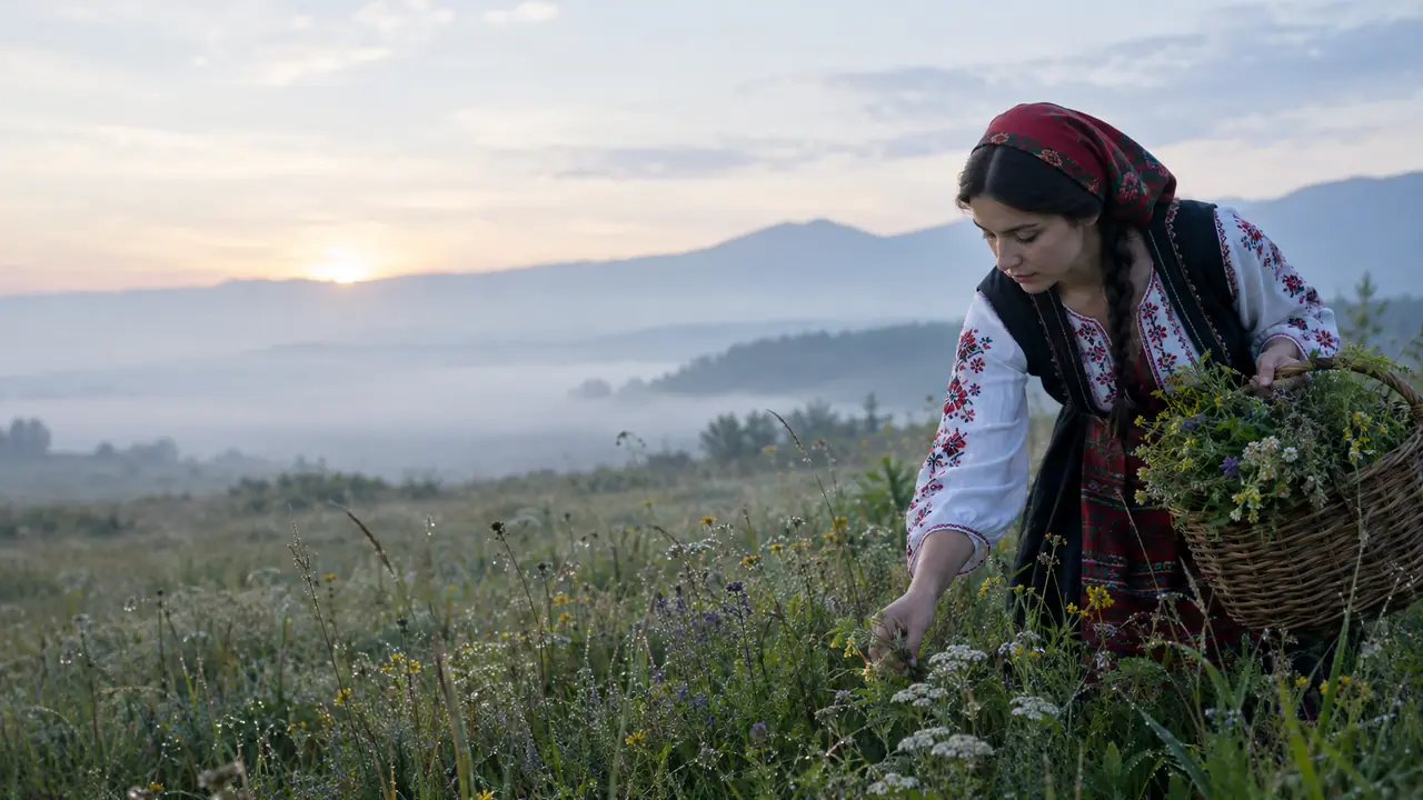 A woman gathers herbs in a Bulgarian meadow at dawn