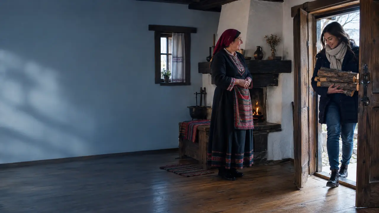 A visitor brings firewood into a Bulgarian home on Ignazhden