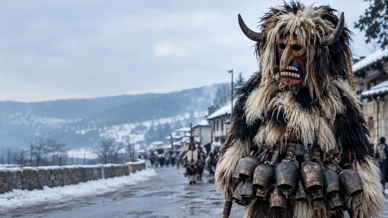 A Kukeri masquerader wearing a carved mask and bells at Pernik’s Surva festival