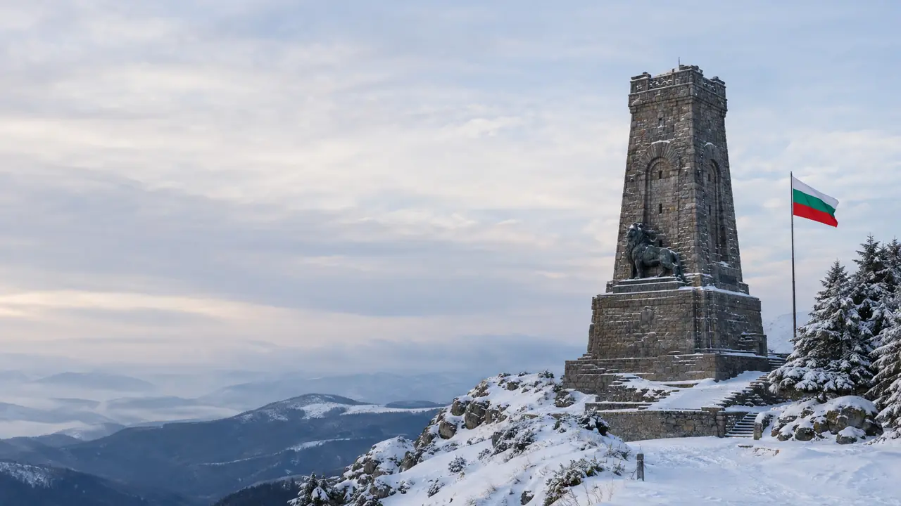 The Shipka Memorial above a snowy mountain pass