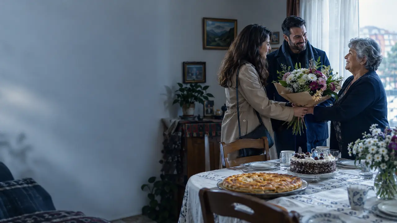 Guests bring flowers to a name-day celebration in a Bulgarian home