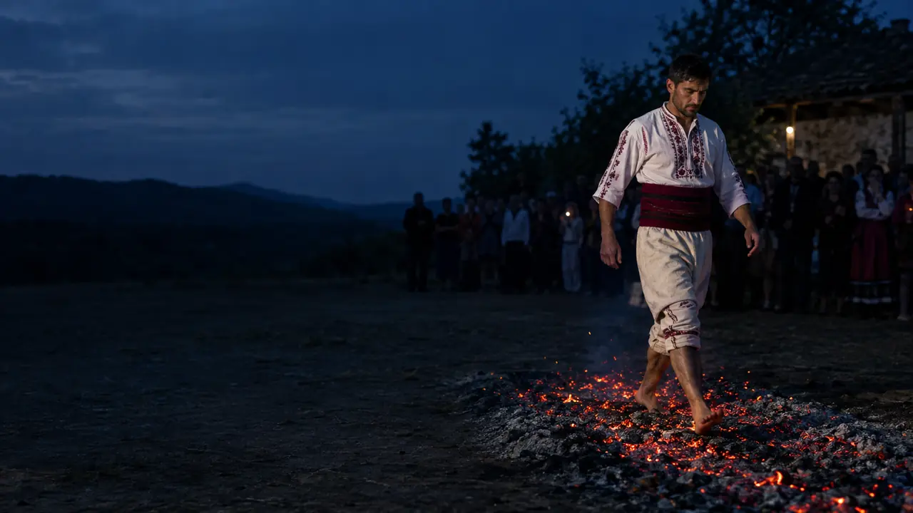 A barefoot nestinar dancer crosses embers in a Strandzha village