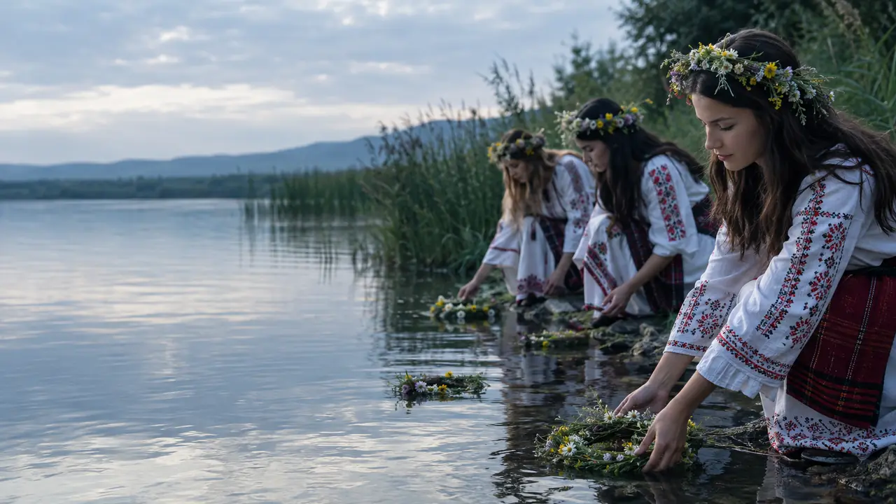 Young women in folk dress float willow wreaths during kumichene
