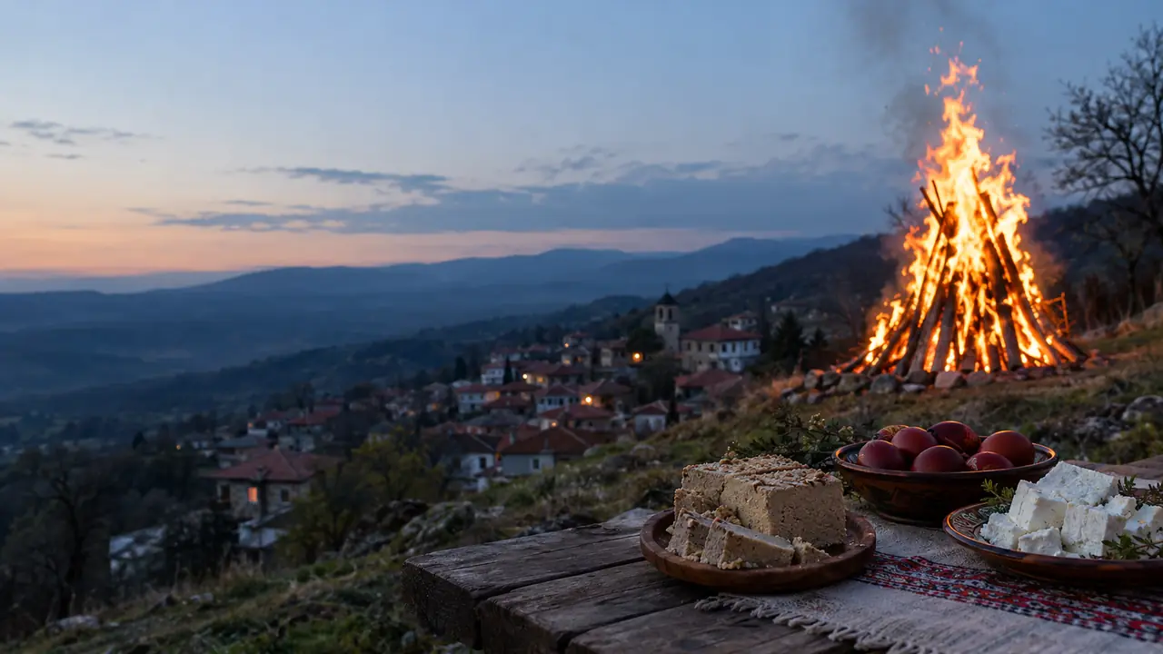 A bonfire above a Bulgarian village at dusk and a table with halva, boiled eggs and white cheese
