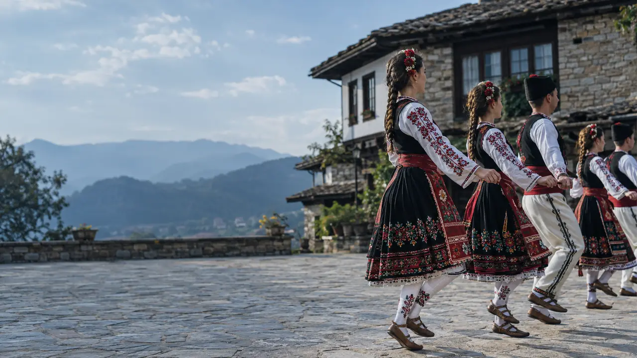 Folk dancers in embroidered costumes perform a horo in a Bulgarian village