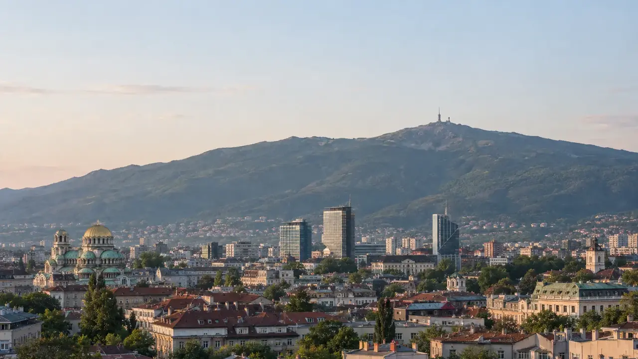 Sofia rooftops and the Alexander Nevsky Cathedral with Vitosha mountain behind
