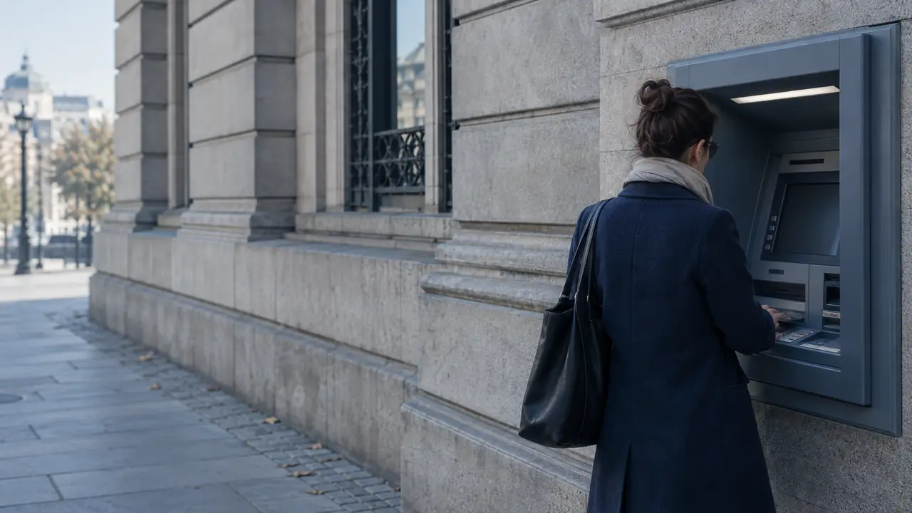 A customer using an ATM on a Sofia street