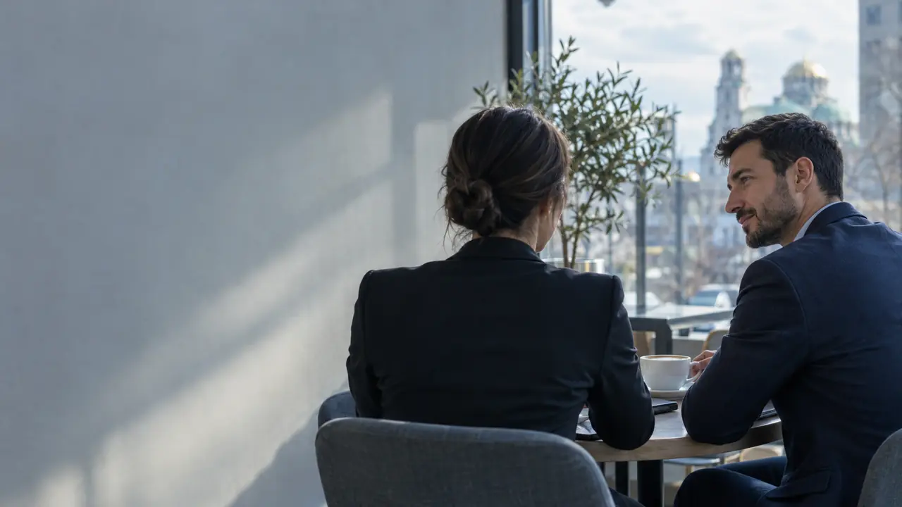 Two businesspeople talking over coffee in a Sofia café