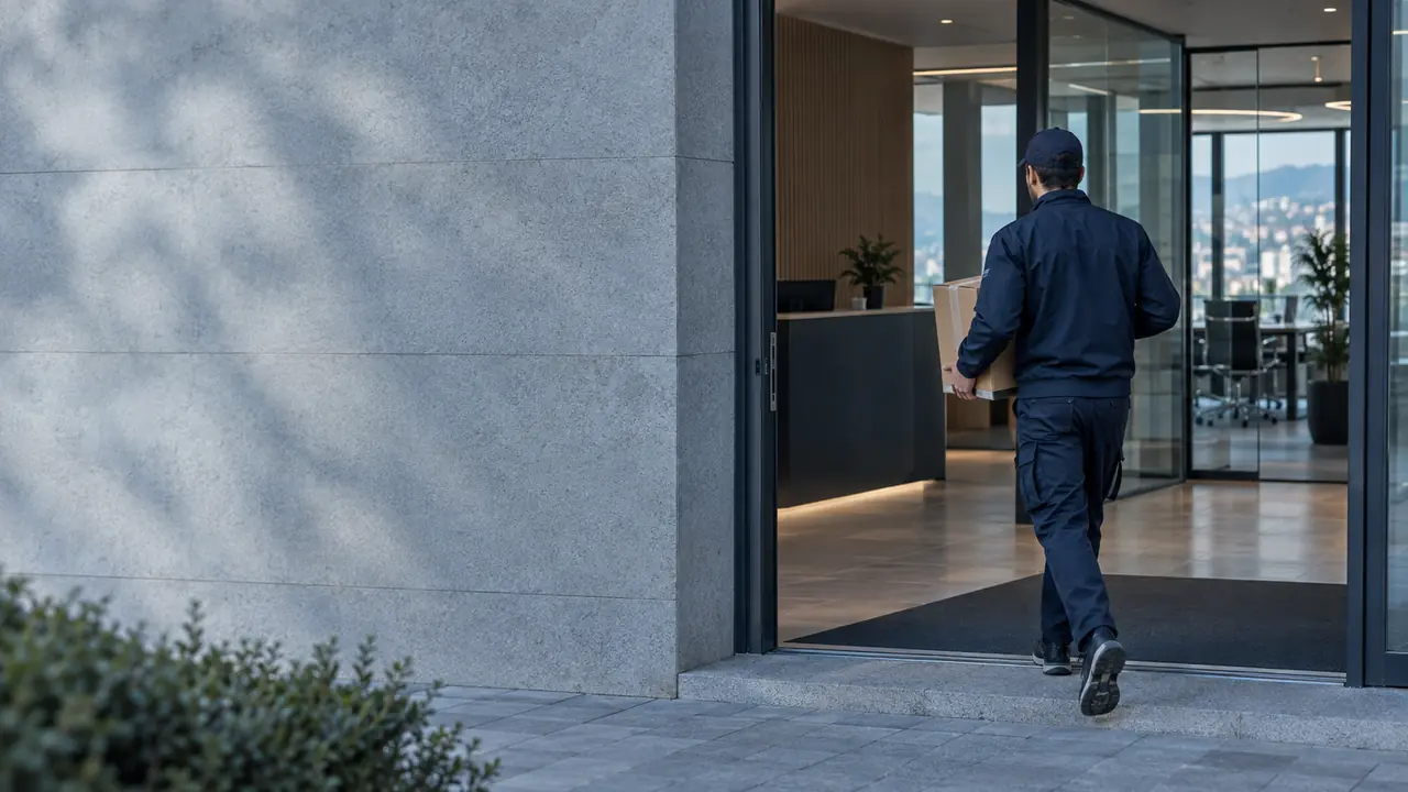A courier entering a contemporary office in Sofia