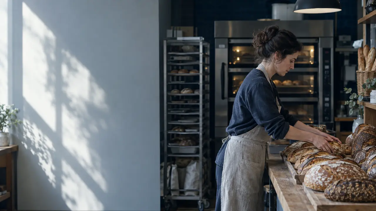 A baker arranging loaves in a small Sofia bakery