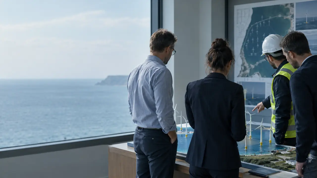 Engineers examining a wind farm model at a coastal project office