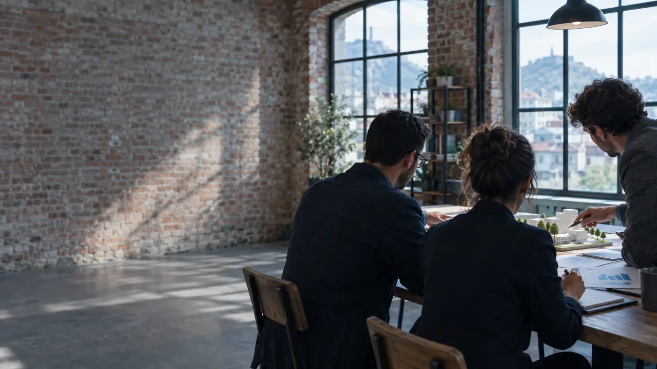 Business owners discussing plans in a renovated Plovdiv workshop