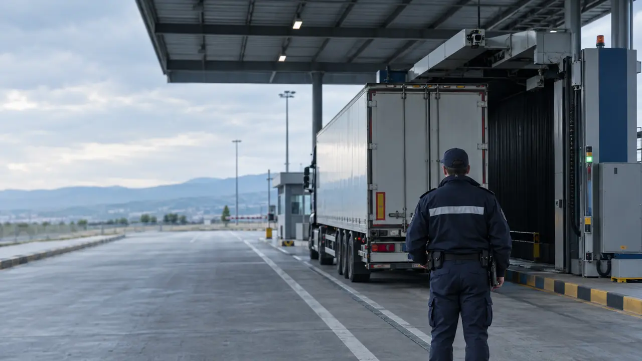 A customs officer inspecting a lorry beside an X-ray scanner at a Bulgarian border crossing
